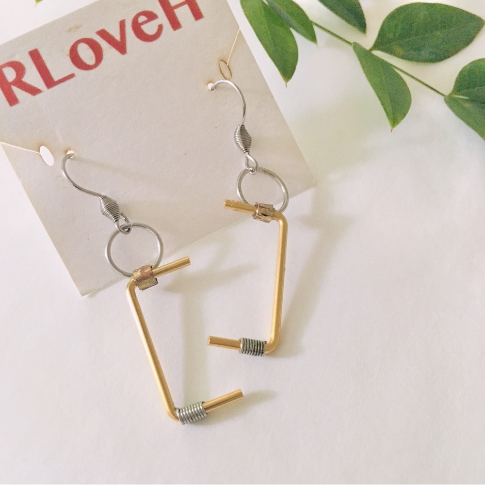 Gold Titanium Geometric Half Square Dangle Earrings